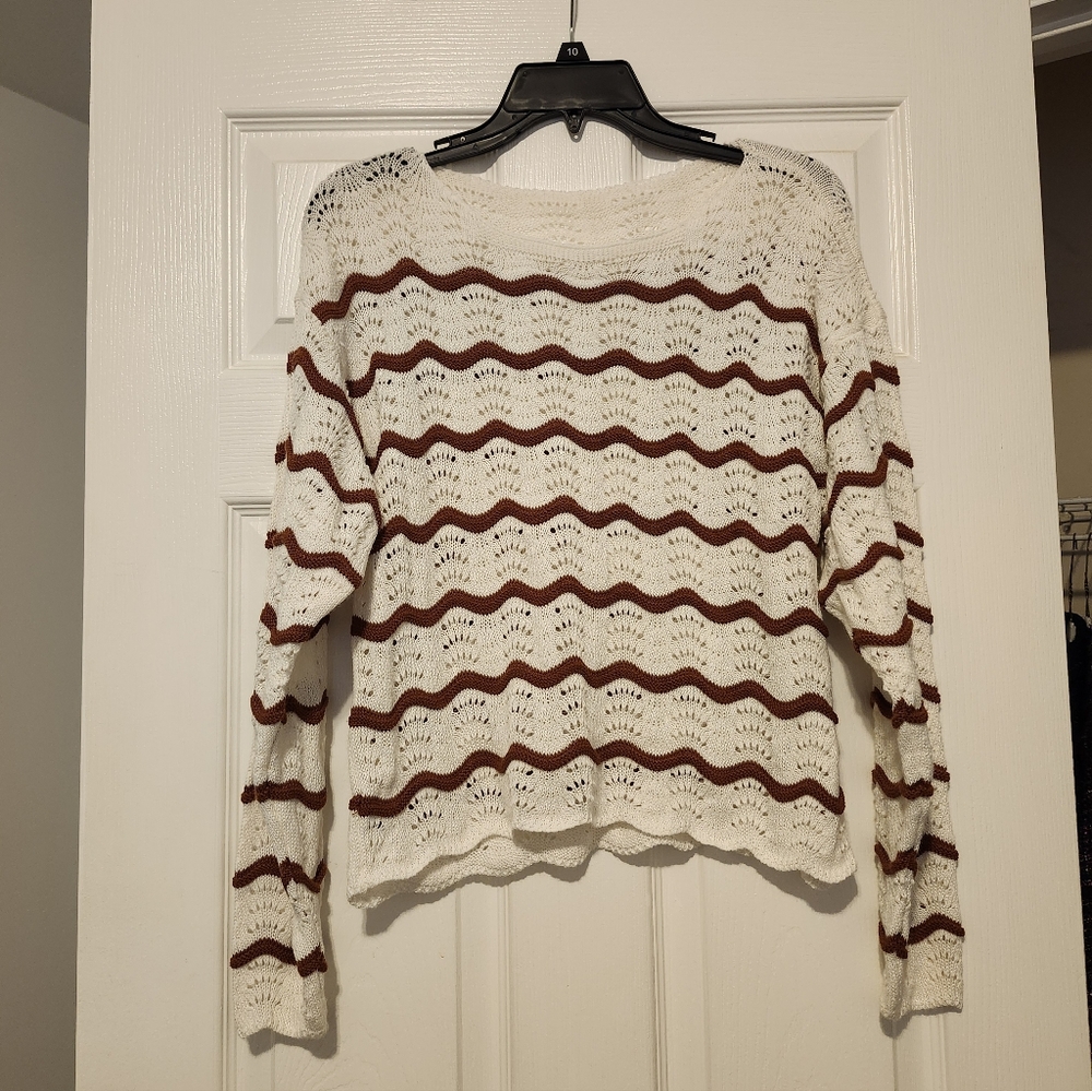 Women's White and Brown Scallop Striped Pointelle Knit Long Sleeve Sweater S/M